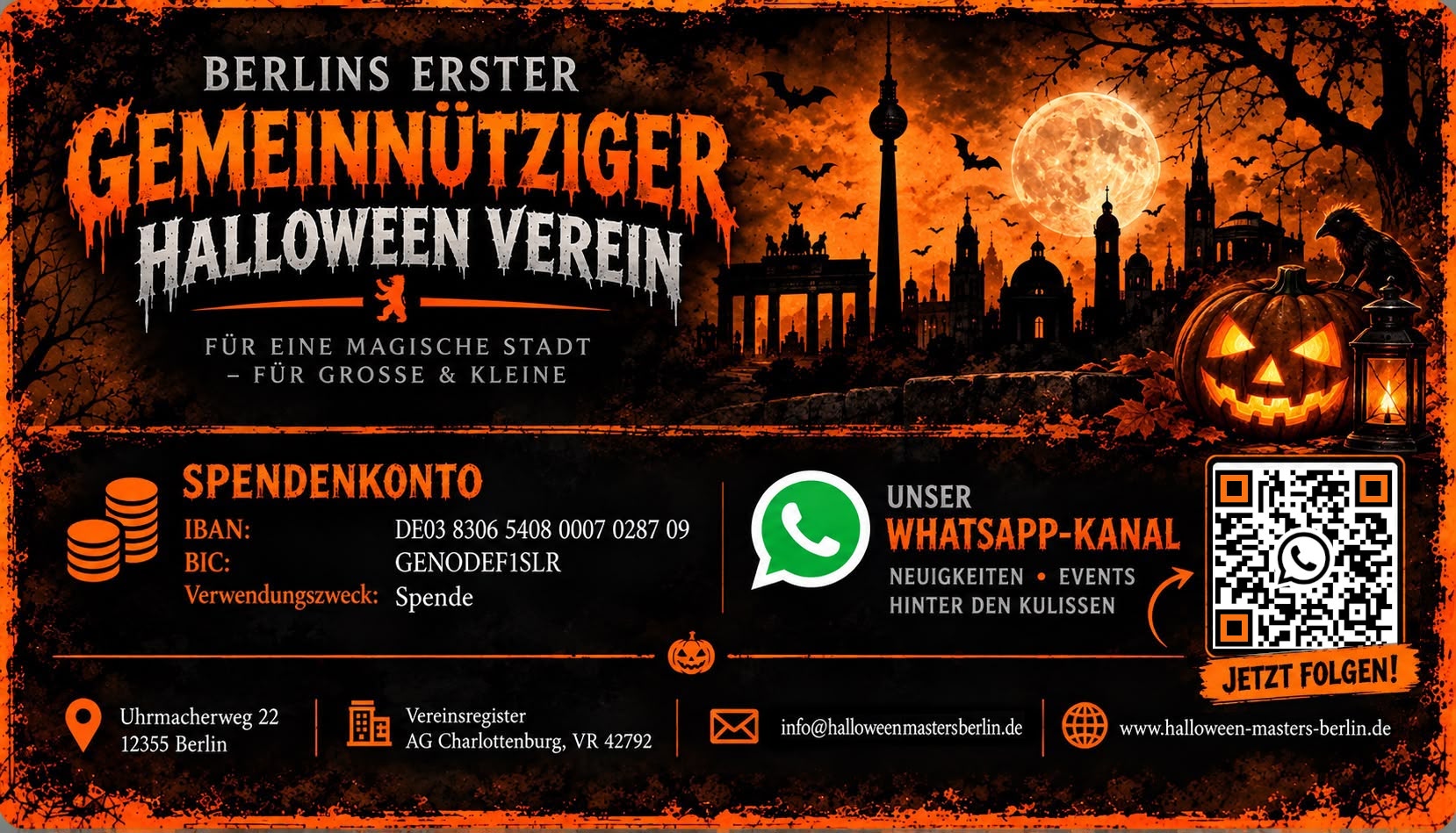 Informationen zu Halloween Masters Berlin e.V., Spendenkonto, WhatsApp-Kanal und Kontaktdaten